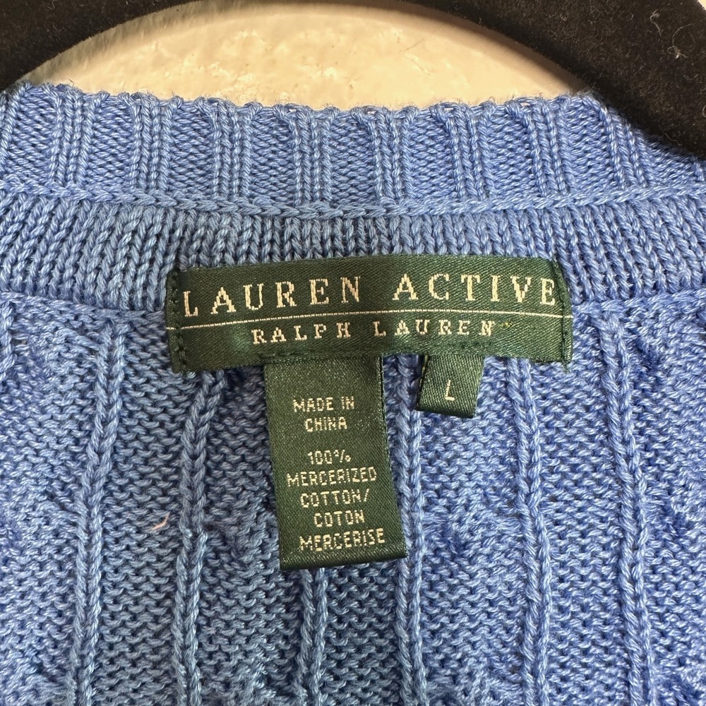 Vtg Ralph Lauren Active Blue Cable Knit V-Neck Crest Sweater Cotton Y2K Rugby L - Picture 4 of 9